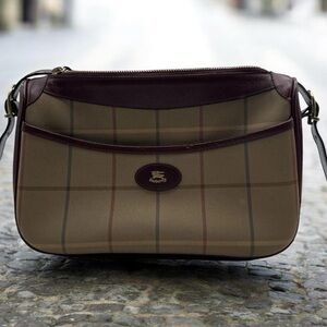 Burberry Beige Plaid Shoulder Bag with Dark Brown Leather Trim